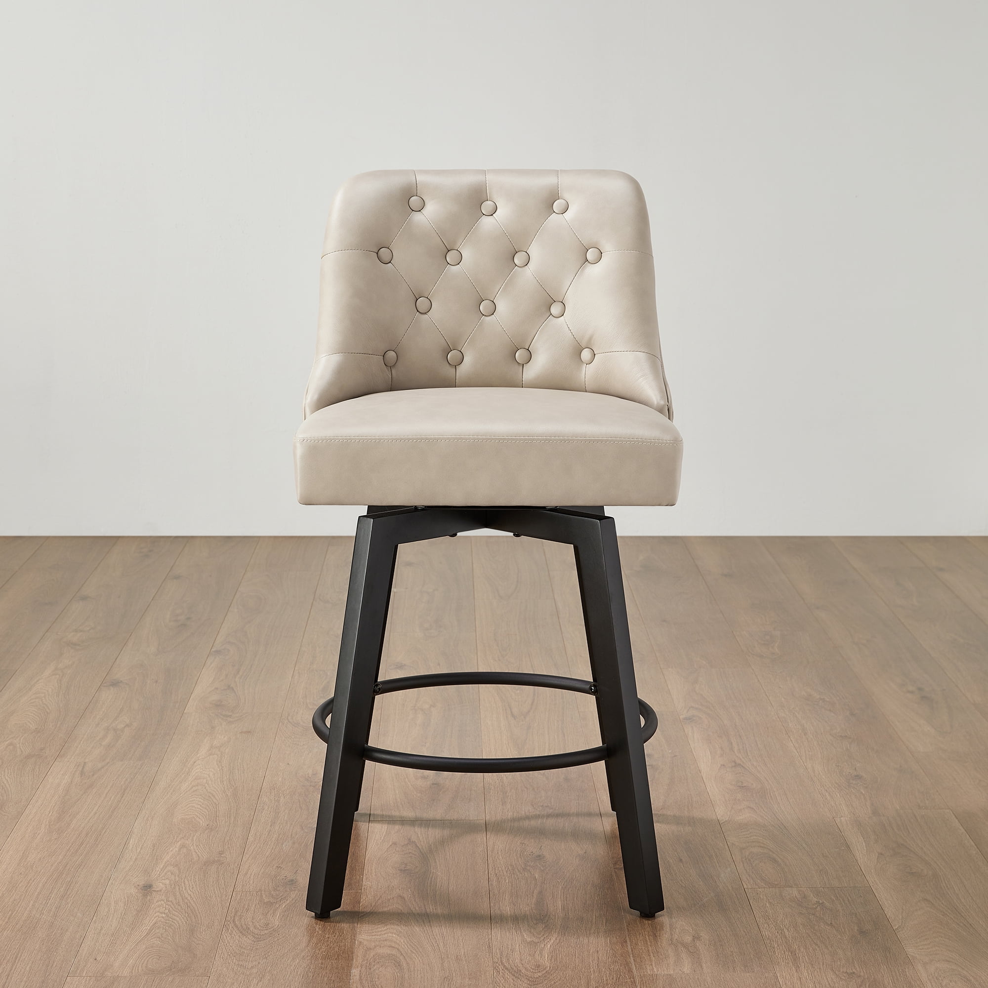 Spruce & Spring 26-Inch Counter Height Swivel Bar Stool with Tufted Back Set of 2, Beige, Faux Leather