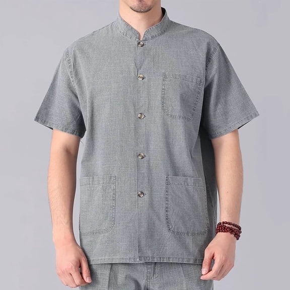 Men's Short Sleeve Camp Shirt, Casual Linen Blend Button Down with Multiple Pockets, Relaxed Fit Stand Collar for Outdoor and Daily Wear
