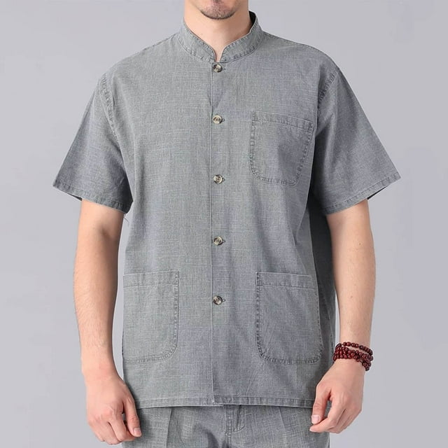 pstuiky camisetas de hombre, Camisas casuales de color sólido para hombre, con botones sueltos, múltiples bolsillos, manga corta y cuello alto ropa de hombre xxxl