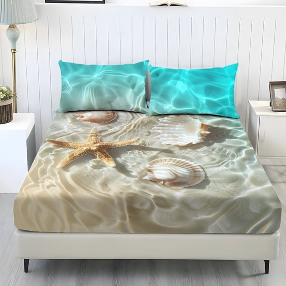 Xoenoiee Beach Starfish Seashell Print 3 Piece Sheet Set Includes 1 Fitted Sheet and 2 Pillowcases, Soft and Breathable Microfiber Bed Sheets with Deep Pocket for Bedroom Decor, Full Size