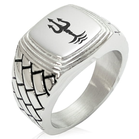 Stainless Steel Poseidon Greek God of Sea Geometric Pattern Step-Down Biker Style Polished Ring