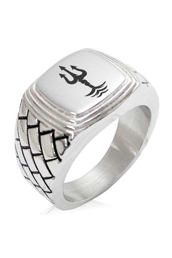 Stainless Steel Poseidon Greek God of Sea Geometric Pattern Step-Down Biker Style Polished Ring