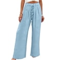 thumbnail image 2 of WHLBF Pants for Women Solid Color Drawstring Waist Long with Pocket Wide Leg Casual Trousers Sky Blue M, 2 of 5