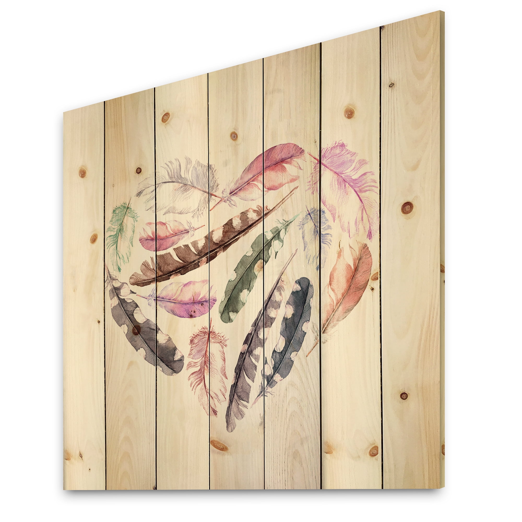 Designart 'Retro Pink Bird Feathers With Heart' Bohemian & Eclectic Print on Natural Pine Wood