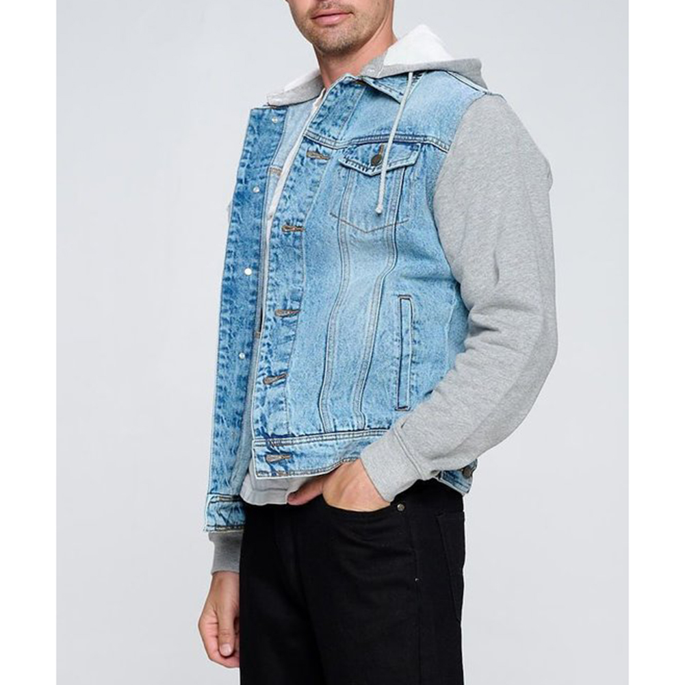 Men s Jean Jacket Hoodie Cotton Denim Long Sleeve Hybrid Hooded Trucker 