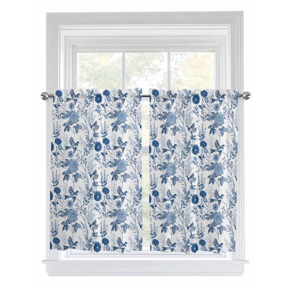 Kitchen Curtains 54 Inches length, Flower Bird Window Treatment Curtain Drapes, Vintage Blue Garden Country Wildflower Thermal Insulated Drapes for Basement Hotel RV, 42"x54", 2 Panels