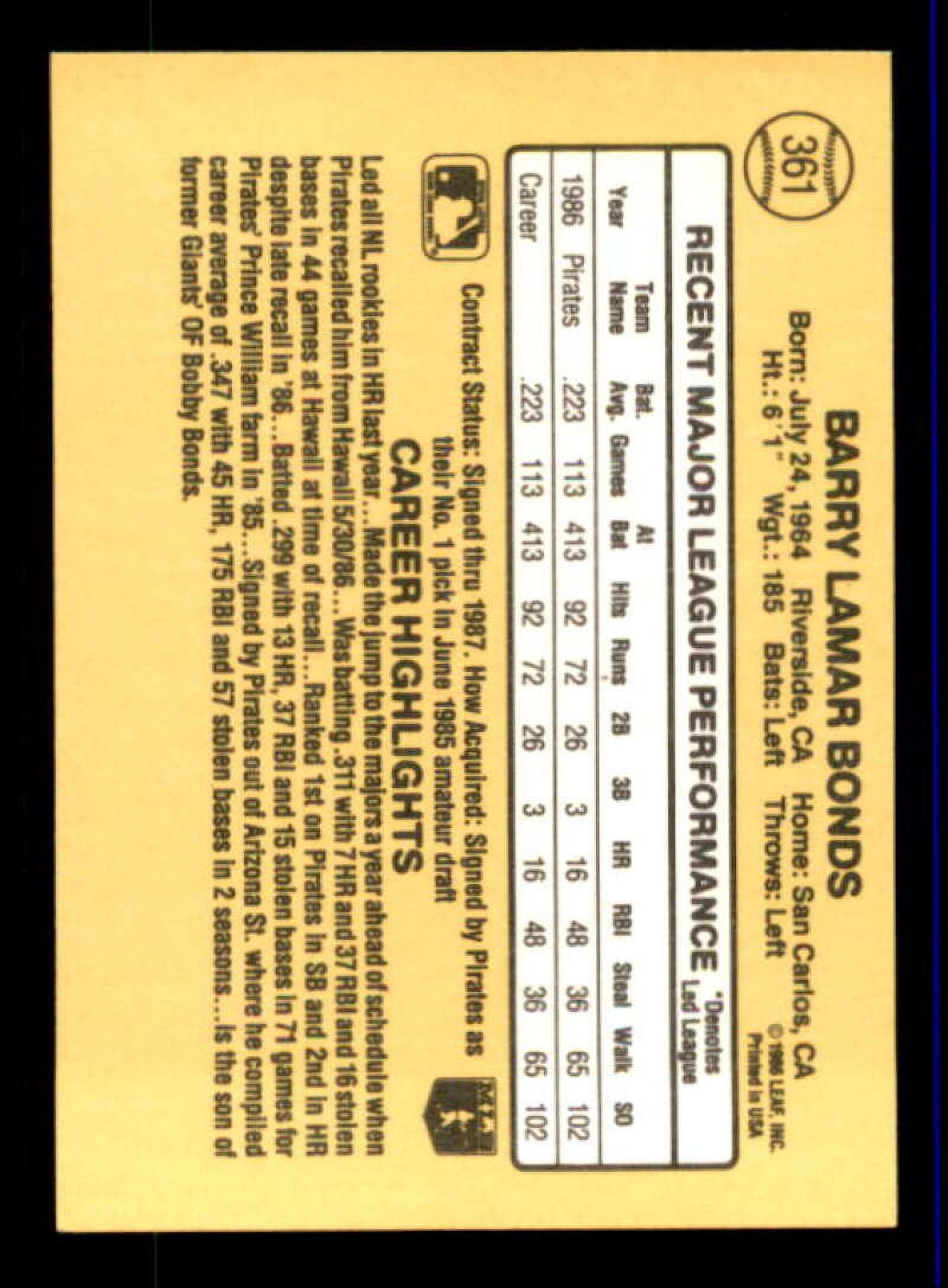 Barry Bonds Rookie Card 1987 Donruss #361 - Walmart.com