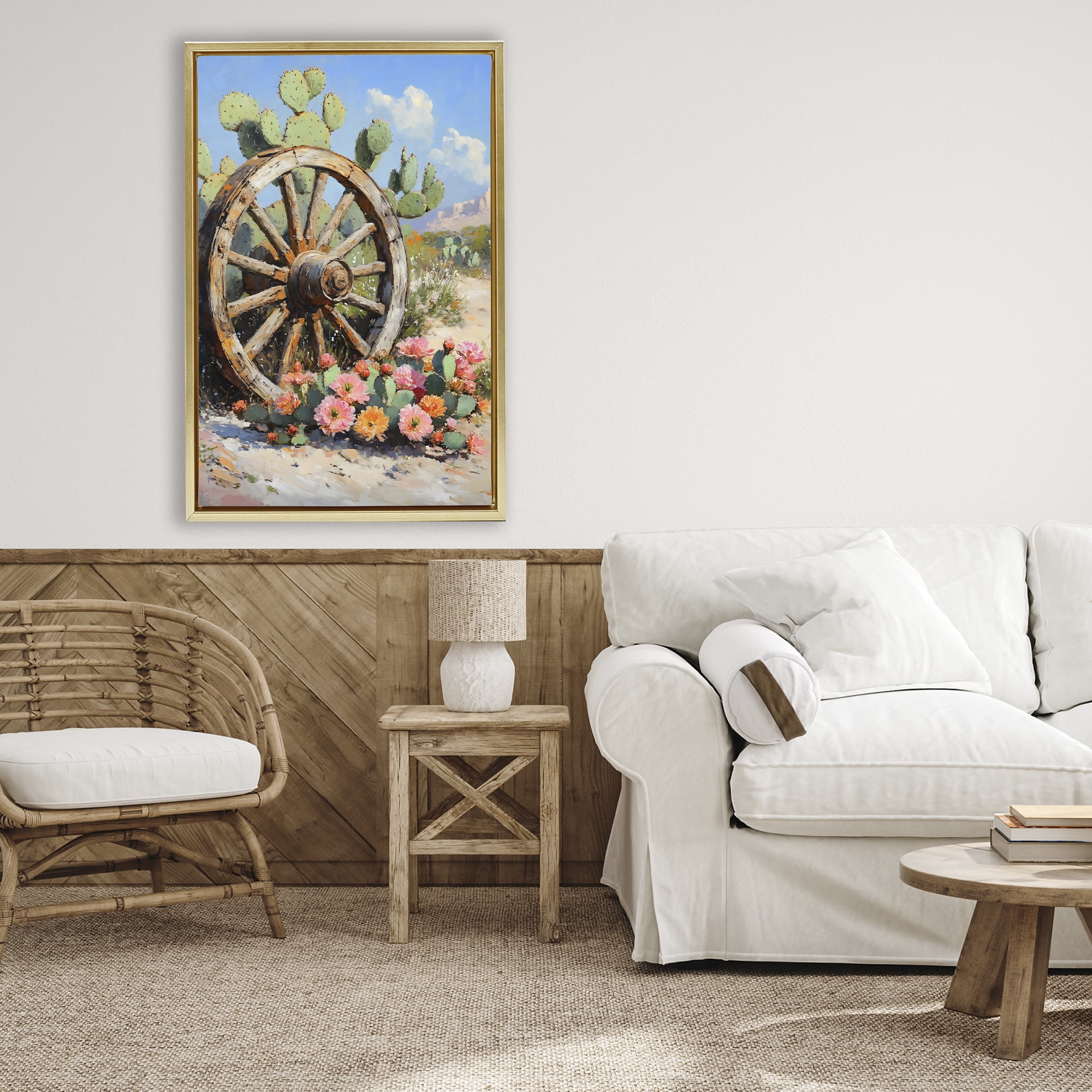 Stupell Industries Wagon Wheel Among Cactus Gold Framed Floater Canvas Wall Art, design by Franklyn Gregory