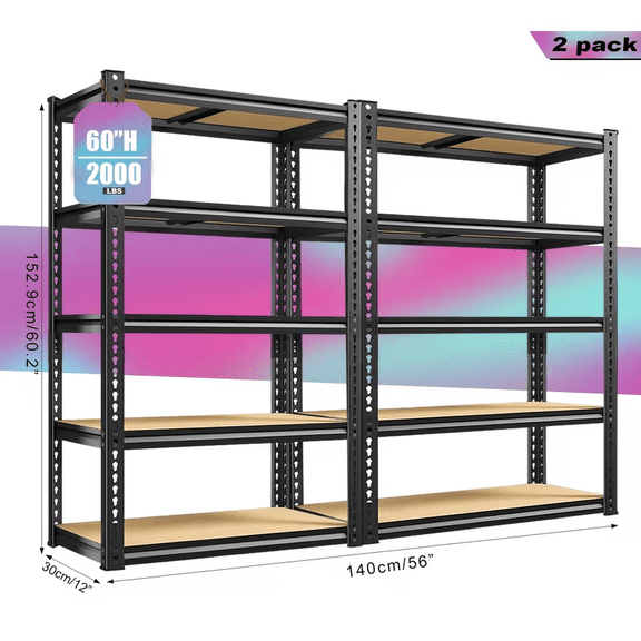 [Heavy Duty Shelving]2 pack Heavy Duty 5 Tier 2000LBS Metal Shelving Units |60"H Garage Shelving Storage Shelves, Adjustable Metal Shelving Unit for Garage Shelves Utility Rack Shelf for Basement Pan