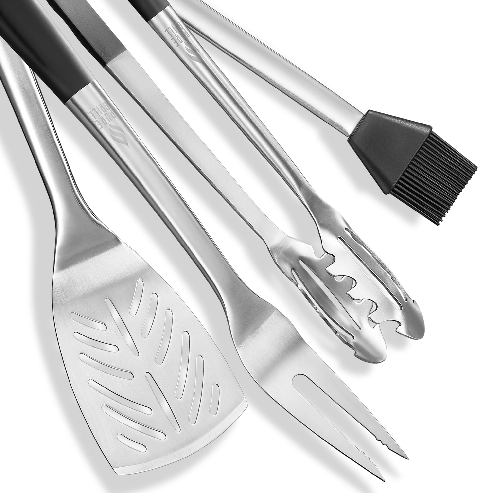 Pure Grill 4pc Stainless Steel BBQ Tool Utensil Set with Fork, Spatula, Tongs, and Basting Brush