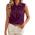 thumbnail image 3 of VBVC Women's Sleeveless Bow Tie Neck Satin Blouse, Ladies' Elegant Keyhole Dressy Tank Top, Solid Color Work Office Formal Shirt For Women,Purple,S-2XL, 3 of 9