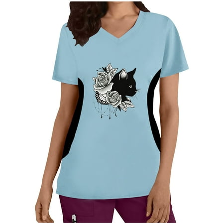 

Olyvenn Women s Trendy Tunic Working Uniform Clearance Pockets V Neck Shirts Loose Fit Scrub Tops Blouse Clothing 2023 Fashion Summer Short Sleeve Tees Flowy Cute Cat Graphic Tops Sky Blue 6