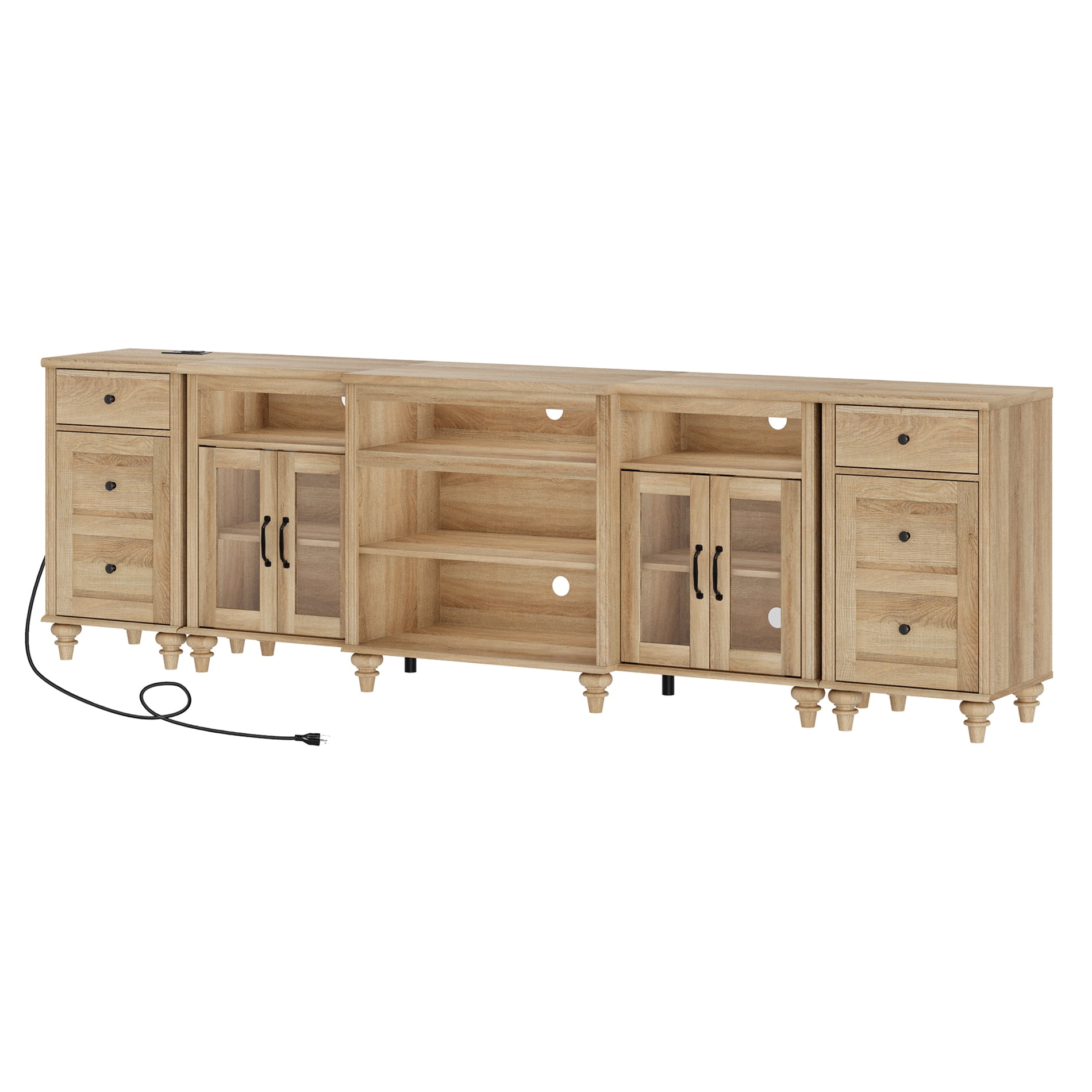 Farmhouse Large TV Stand for TVs Up to 100 inch with Charging Station, 4 Glass Doors and Wood Universal TV Console with Storage Cabinets, Entertainment Center Table for Living Room, Bedroom, Oak