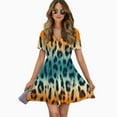 thumbnail image 2 of Abstract Leopard Ombre Textile Print Women Dress V-Neck Short Sleeve Flowy Swing Party Midi Dress, 2 of 4