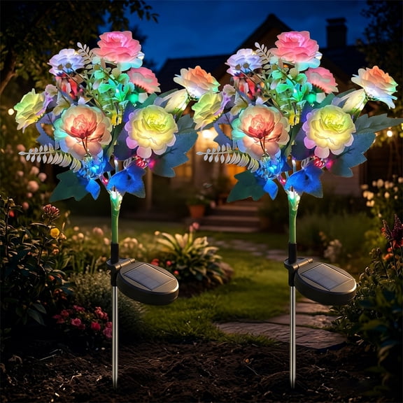 Rirool 2 Pack Solar Hibiscus Flower Lights Outdoor, Champagne Color Changing LED Garden Stake Lights, IP65 Waterproof Floral Decor for Patio Yard Pathway