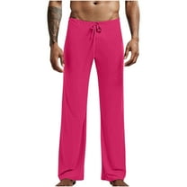 Mens Pajamas Pants Lightweight Straight Leg Solid Color Pant Comfy Loose Elastic Waist Drawstring Lounge Trousers Hot Pink XXL
