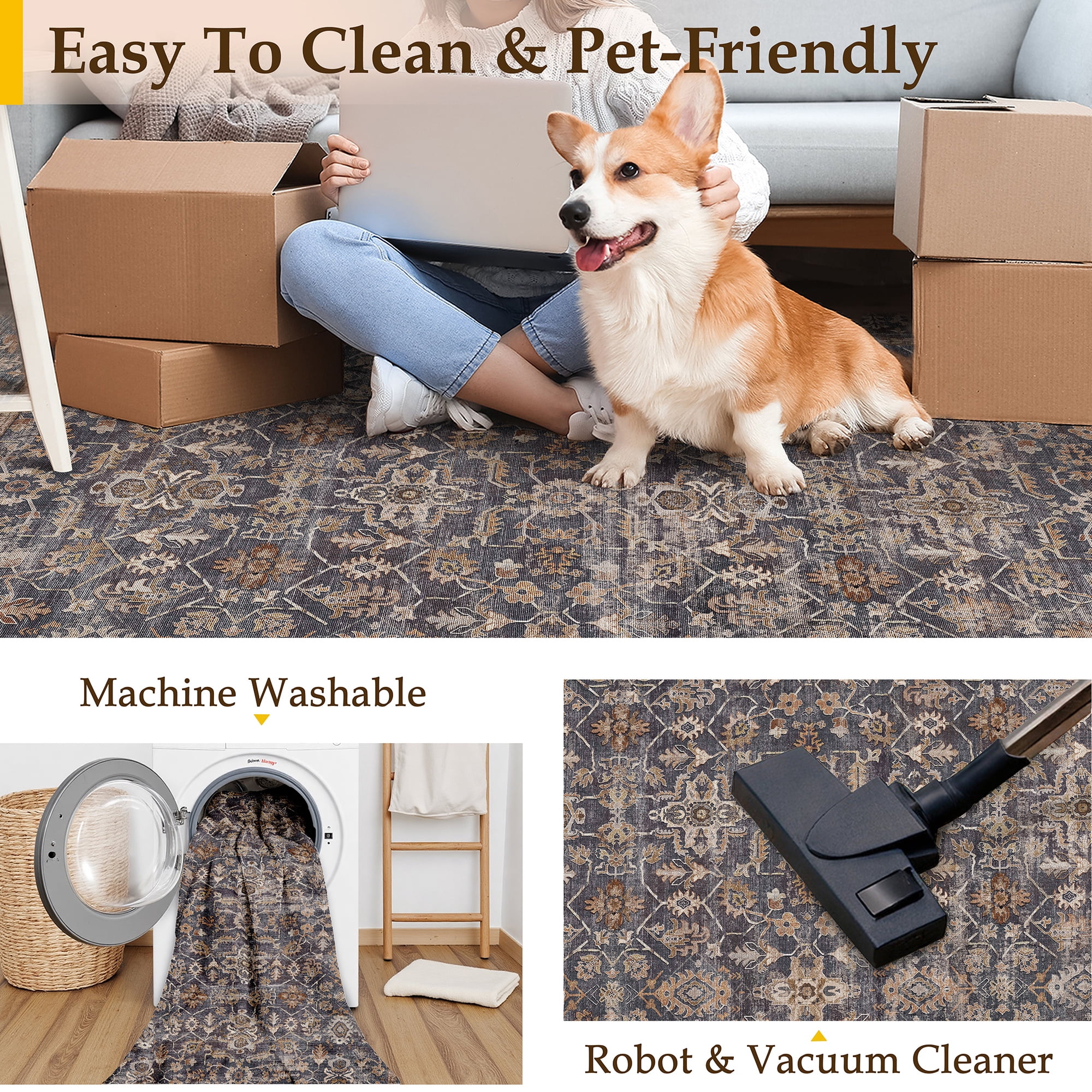 BERTHMEER 2'x8' Runner Rugs for Hallway Entryway Bathroom Bedroom Laundry Traditional Kitchen Non Skid Washable Blue and Brown Vintage Oriental Distressed Accent Runner Rugs
