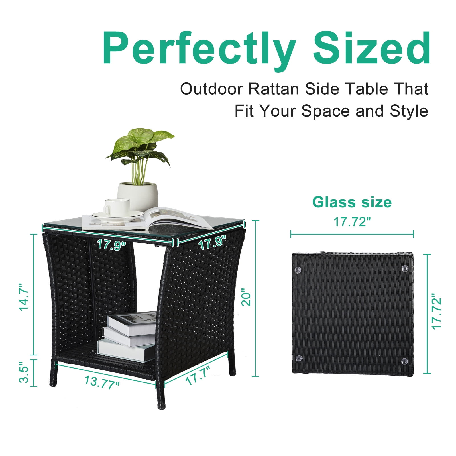 Outdoor Black PE Rattan Tempered Glass Side Table Sturdy Iron Frame Patio End Table With Storage Shelf Weather Resistant Accent Table For Garden Backyard Balcony Porch Indoor Outdoor Use