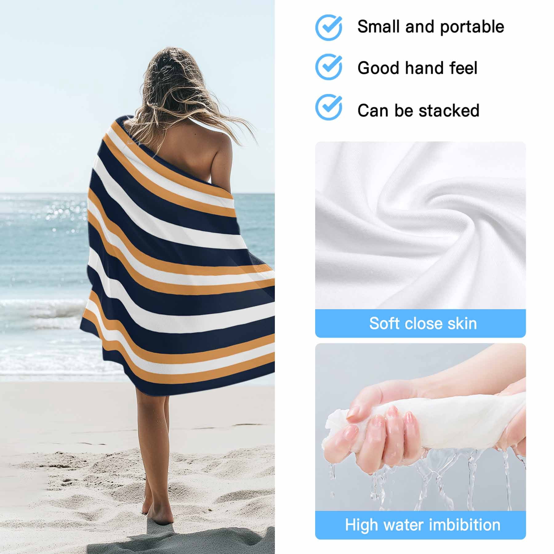 Beach Towel Navy Blue Stripes Bath Pool Towels Orange Striped Absorbent Beach Towel Soft Large Quick Dry Lightweight Camping Travel Sports Yoga Gym Swim Towels for Adult 30x60 Inch