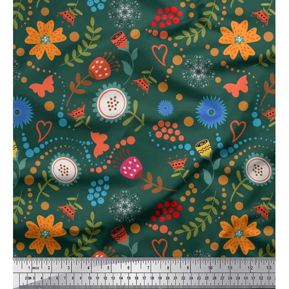 Soimoi Georgette Viscose Fabric Dot,Leaves & Floral Clip Art Printed Fabric 1 Yard 42 Inch Wide
