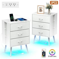 Nightstand Set of 2, Holaki Nightstand for Bedroom with Charging Station, Modern Nightstand with 3 Storage Drawer & 20 Colors LED Lights, Bedside Table for Living Room, White