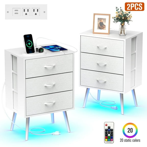 Nightstand Set of 2, Holaki Nightstand for Bedroom with Charging Station, Modern Nightstand with 3 Storage Drawer & 20 Colors LED Lights, Bedside Table for Living Room, White