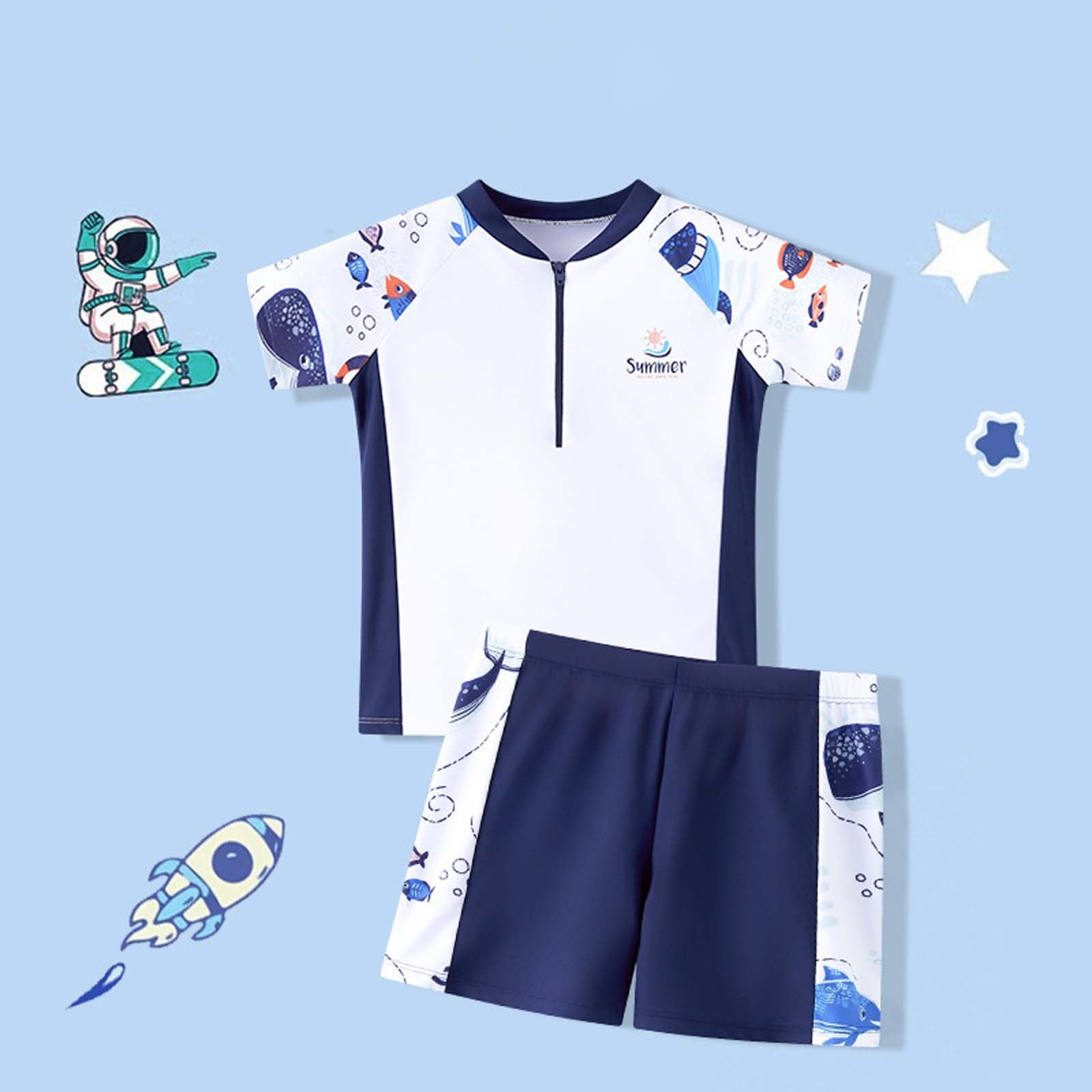 Shadoumai Kids Swimming Suit Stretch Swimwear Set Boys Swim Shirt and Shorts Set Kids Bathing Suits