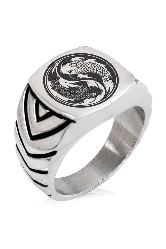 Stainless Steel Koi Fish Yin Yang Chevron Pattern Biker Style Polished Ring