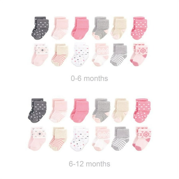 Hudson Baby Infant Girl Grow with Me Cotton Terry Socks, Pink Gray Aztec, 0-6 and 6-12 Months