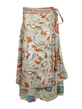 Mogul Womens Magic Wraparound Skirt 2 Layer Printed Silk Sari Beach Bikini Coverup Resort Wear Vintage Sarong Dress