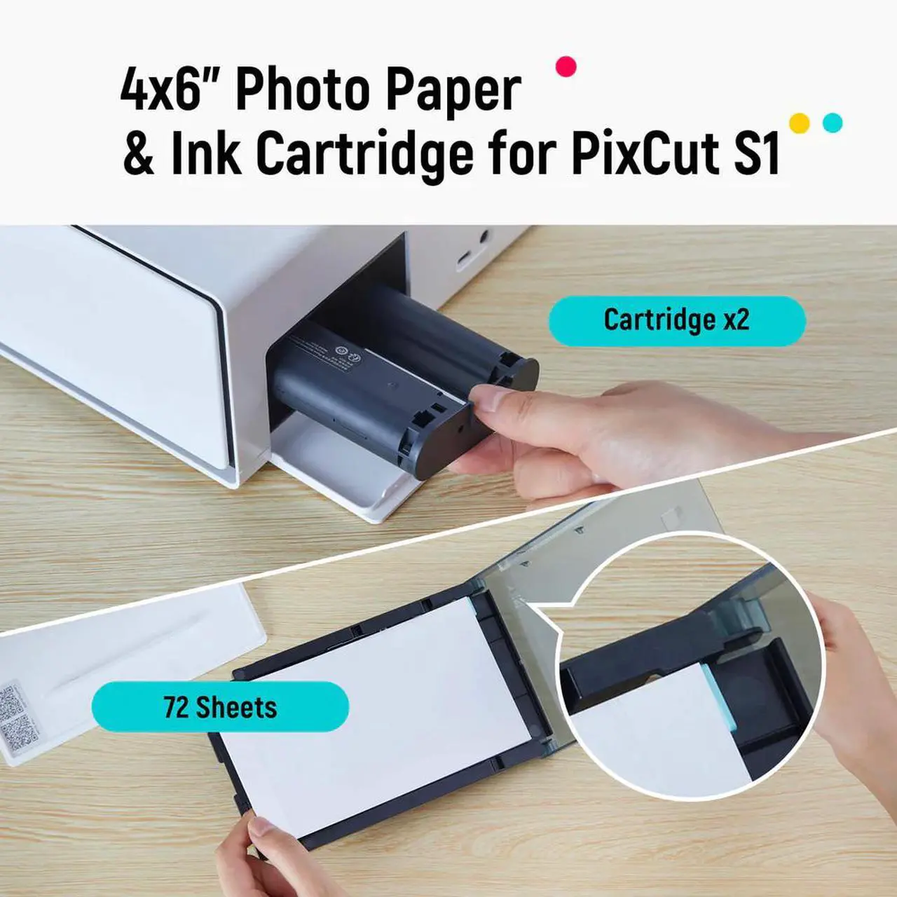 Liene PixCut S1 4x6" Photo Paper 72 Sheets & 2 Ink Cartridges Refill