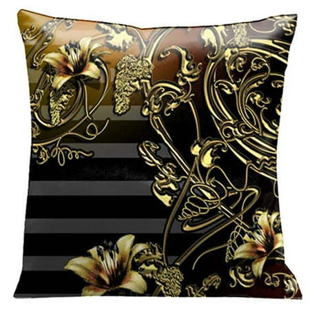 Lama Kasso 118S Old Gold Iron Lace Work and Flowers on a Wonderful Black and Soft Gray Striped Background 18 in. x18 in. Micro-suede Pillow