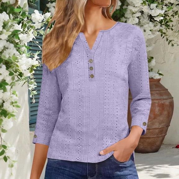3/4 Sleeve Tops for Women Summer Oversized V Neck Button Up T Shirts Casual Solid Plus Size Loose Comfy Boho Beach Vacation 3/4 Length Sleeve Top