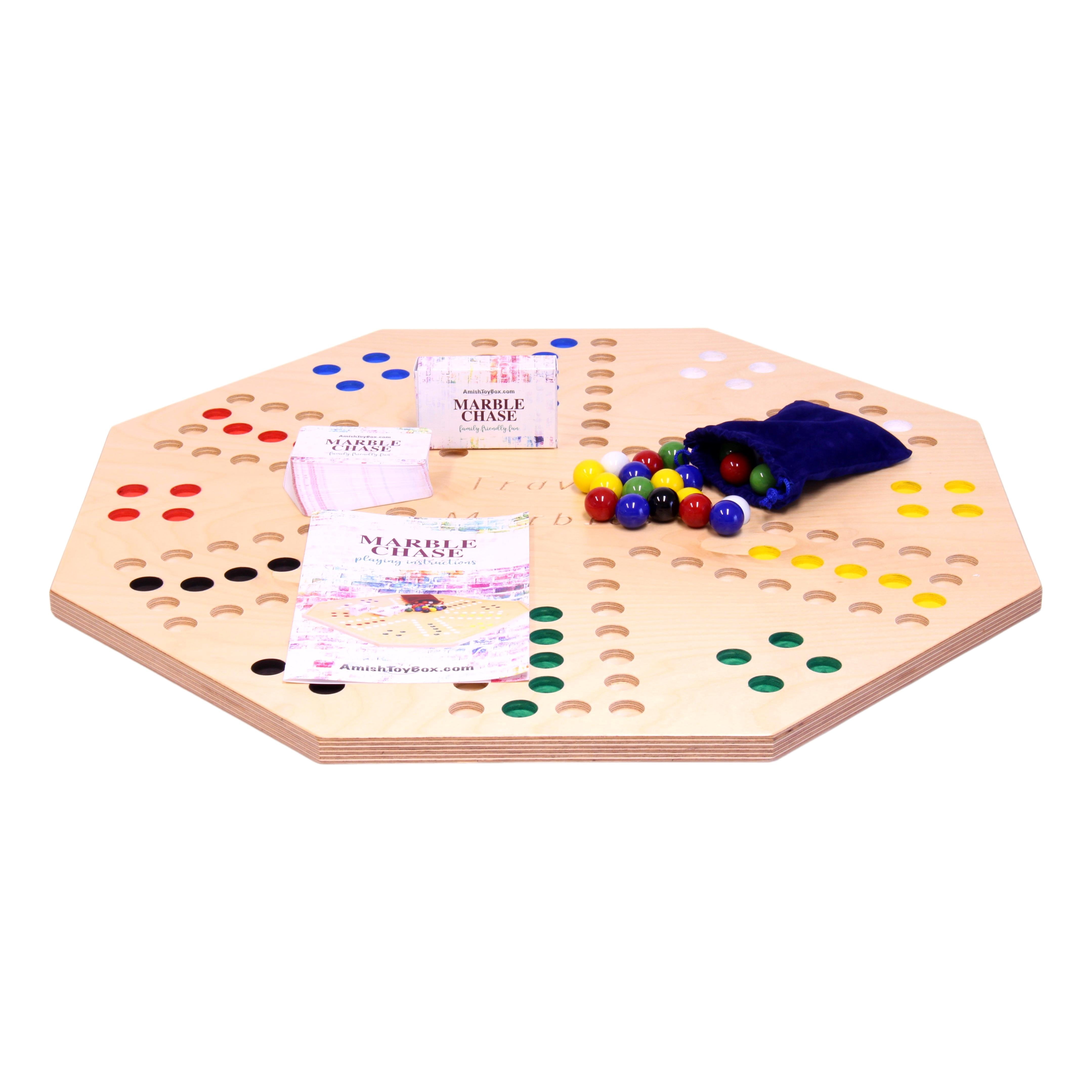 AmishToyBox.com Travel Marble Chase Cards N' Marbles Wooden Board Game Set - Double-Sided 23" Wide Board - with Cloth Carry Bag- Includes 22mm Marbles and Playing Cards