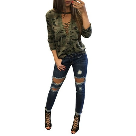 - Women Casual Camouflage Lace Up Deep V Neck Blouse Top Long Sleeve T Shirts