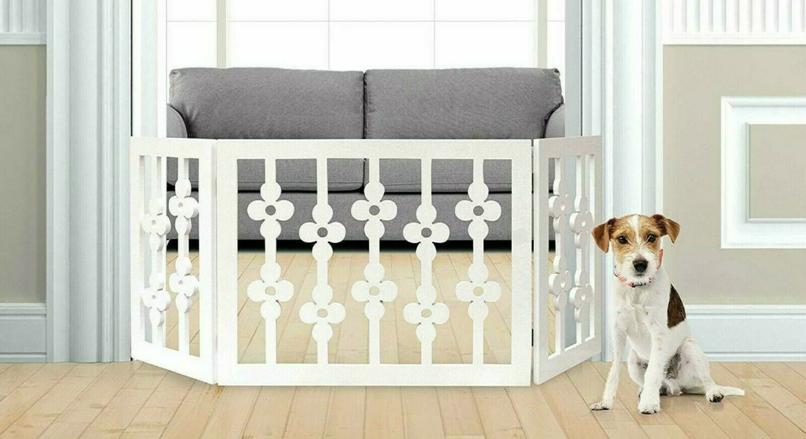 Frisky Friends Wooden Freestanding Pet Gate, Extra Wide Adjustable, Expands to 47" Wide