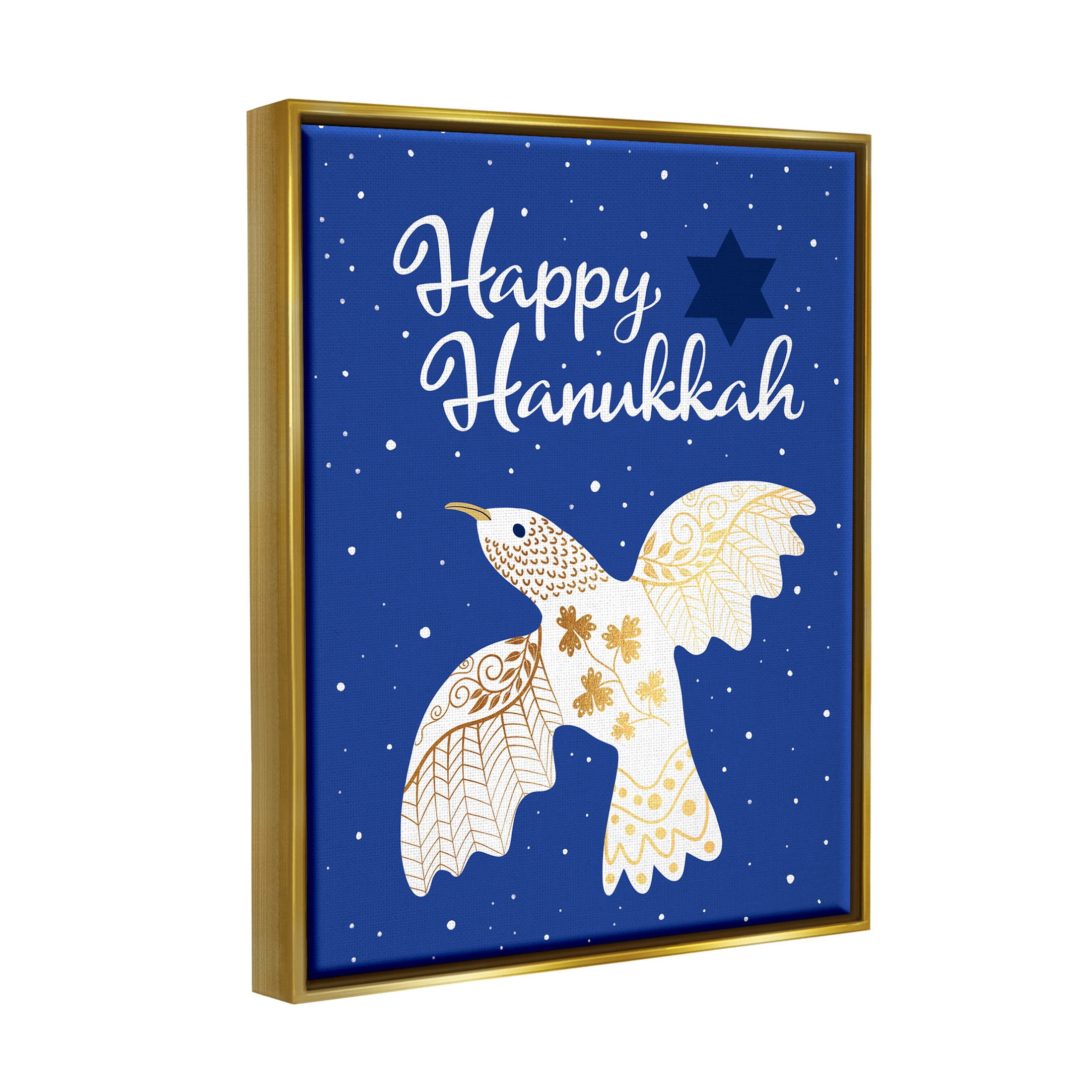 Happy Hanukkah Patterned Dove Holiday Graphic Art Metallic Gold Framed Art Print Wall Art