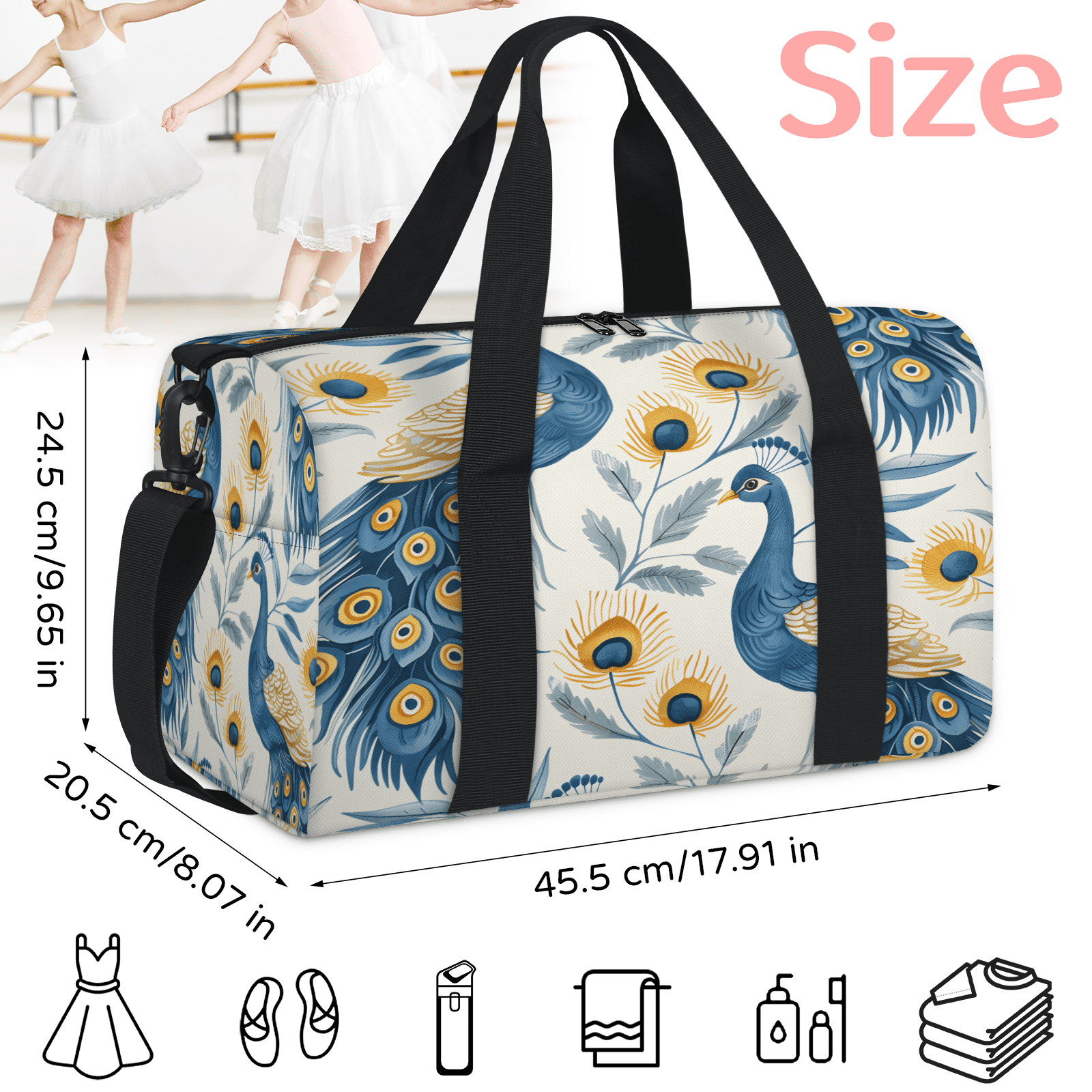 Herdesigns Peacock Travel Duffle Bag Sports Yoga Weekender Overnight Carry on Workout Bags Lightweight Waterproof Gym Tote Bag for Women Blue Bird