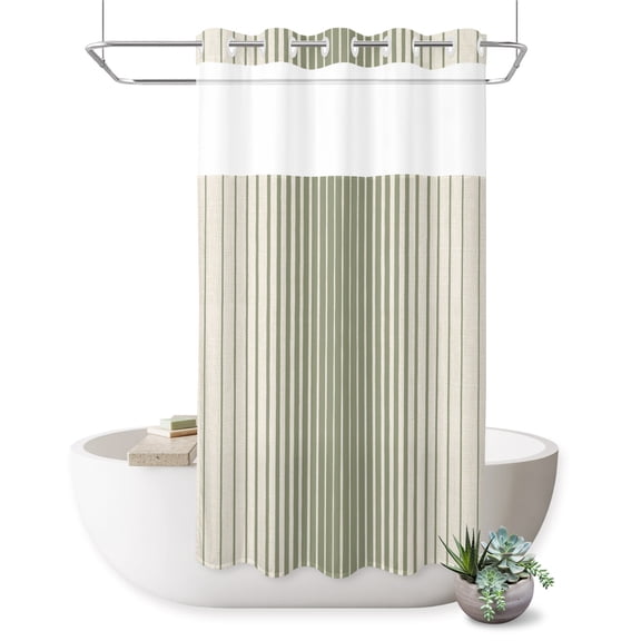 No Hook Shower Curtain, Sage Green Striped Shower Curtains for Bathroom with See Through Top Window, Farmhouse Beige Stripes Vintage Rustic Waterproof & Washable Bath Curtain Stand Up Stall 36"x72"