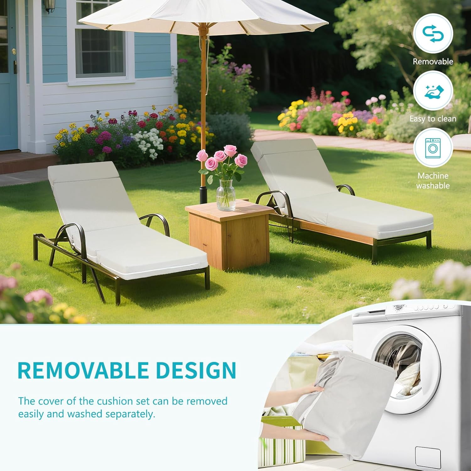 Bronkige 2 Pcs Chaise Lounge Cushions Outdoor, 72x21x5 Inch Thick Waterproof Outdoor Furniture Cushions with Removable Cover, Patio Lounge Chair Cushions for Outdoor Furniture, Beige