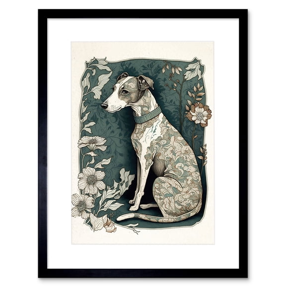 Whippet Dog with Floral Pattern Fur Coat Art Nouveau Inspired Watercolour Illustration Artwork Framed Wall Art Print 9X7 Inch