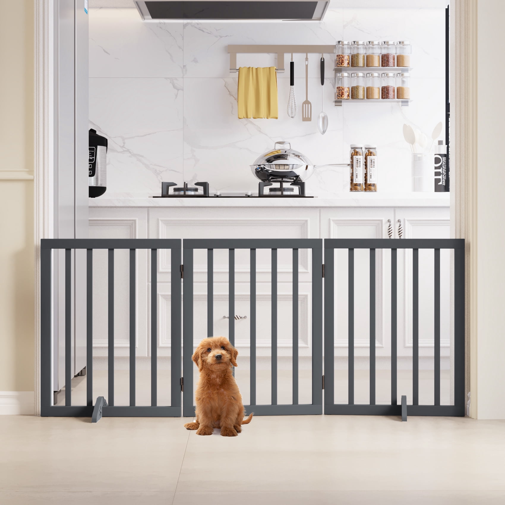 Algherohein Dog Gate for Inside,Freestanding Pet Gate for Doorways,24" Gray