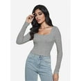 thumbnail image 2 of Women Crew Neck Knitted Crop Shirt Long Sleeve Low Cut Basic Solid Tee Sexy Cutout Blouse Top Streetwear, 2 of 6