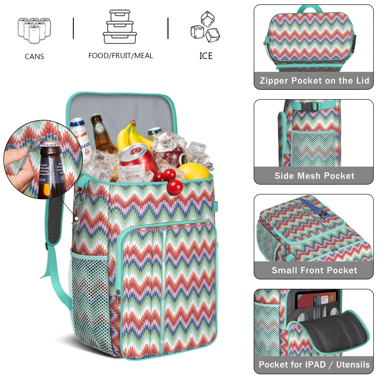 Travel Cooler Bag - Boho Bohemia Pioneer Flower Geometric Line Art Camping Beer Cooler Backpack with Bottle Opener- Waterproof Insulated Picnic Backpacks - Cooler Bag for Beach