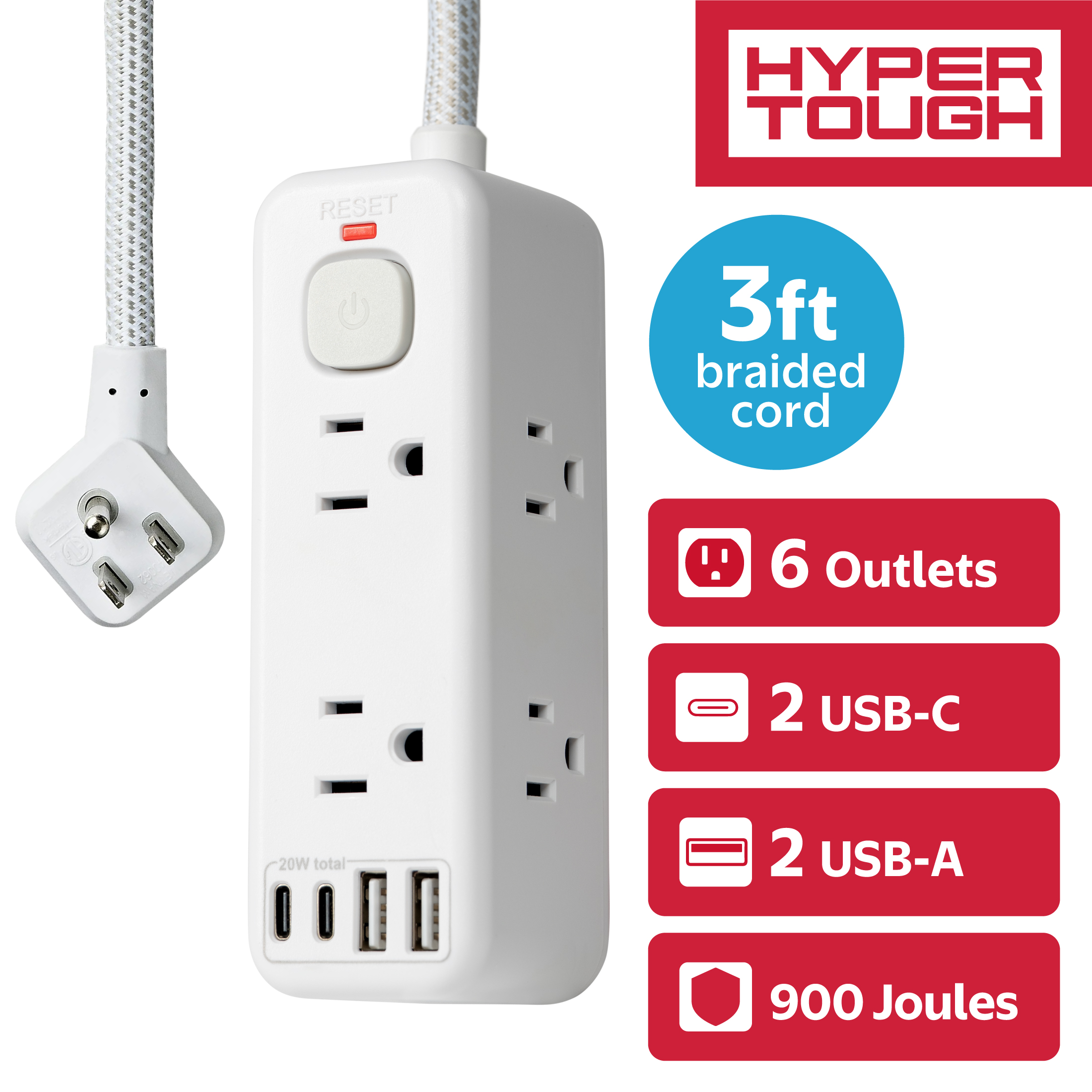 Hyper Tough USB Power Strip 6 Outlet 3ft Cord 900J White photo 1