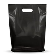 100 Pack 12" x 15" with 1.25 mil Thick Black Merchandise Plastic Glossy Retail Bags | Die Cut Handles | Perfect for Shopping, Party Favors, Birthdays, Children Parties | Color Black | 100% R