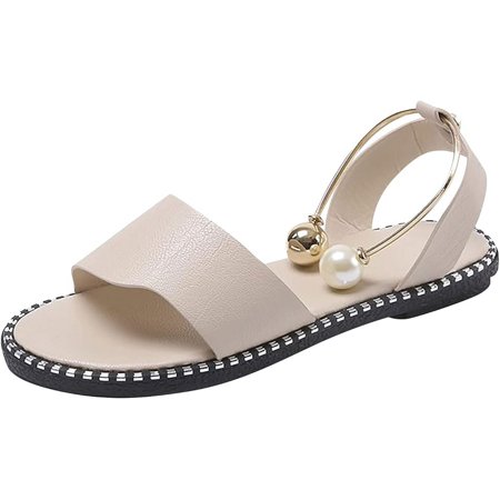 

SHYUU Pearl Flat Sandals for Women Dressy Summer Casual Cute Double Strap Open Toe Slip-on Slipper 2024 Trendy Comfortable Ladies Shoes Sandalias