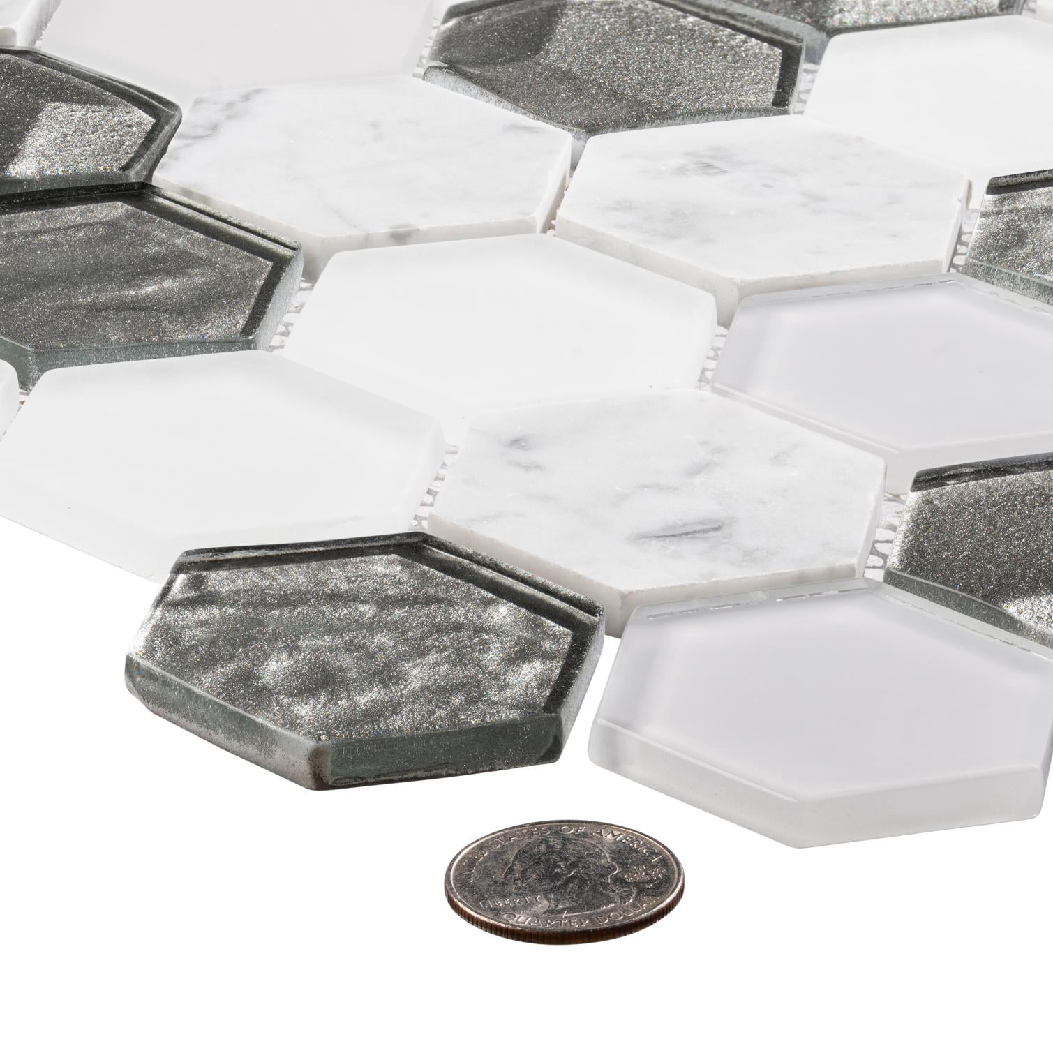 Xen Angels Gray 2-in. Honeycomb Polished Glass and Natural Stone Mosaic Wall Tile