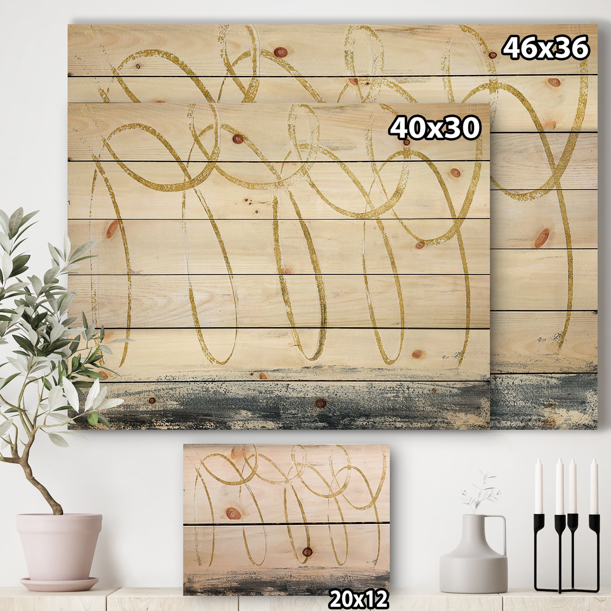 Designart 'Abstract Gold Geometrical Shape' Modern Transitional Print on Natural Pine Wood