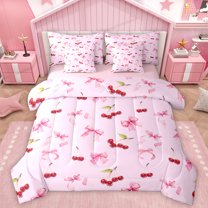 Homewish Kawaii Pink Bowknot Bedding Comforter Set, Cartoon Cherry Fruit King Bedding Sets, Cute Princess Style Reversible Bed Sheets, Lightweight Room Decor
